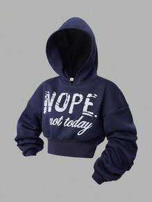 Girlism Teen Girls Hoodie & Sweatshirt Co-Ords, English Print Hoodie And Contrast Waistband Pants 2 Pieces Set Girls Sweat Outfit Sweat Set Navy Blue Hoodie Girls Hoodie Set Girls Sweatsuit Girls Tracksuit/Halloween/Autumn/Christmas/Holiday/Festival/Winter Fall - Blue and White - View 3