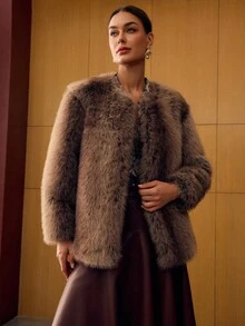 MOTF PREMIUM 秋冬款圆领长款人造皮草大衣 - 咖啡棕 - 查看 6