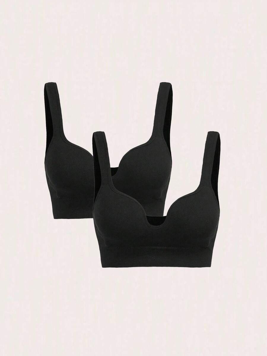 Gameset SHEIN Sport 女士纯色日常健身运动文胸 - 黑色 - 查看 1