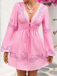 Vivid Eden 休闲时尚长袖系腰女式迷你连衣裙 - 粉色 - 查看 3