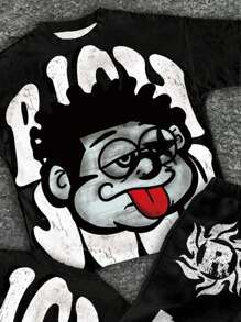 SHEIN 青少年男孩休闲酷炫卡通人物印花，“Rich Soon”文字印花圆领 T 恤上衣、钱包和火焰印花喇叭裤 2 件套，适合夏季、街头服饰、摇滚音乐、优雅休闲 - 彩色 - 查看 2