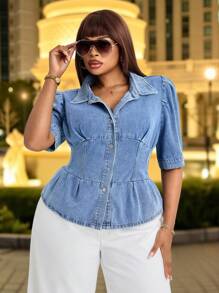 Slaydiva 新款时尚百搭牛仔外套，女士加大码翻领短袖牛仔衬衫，秋季复古优雅风 - 中等水洗藍 - 查看 5