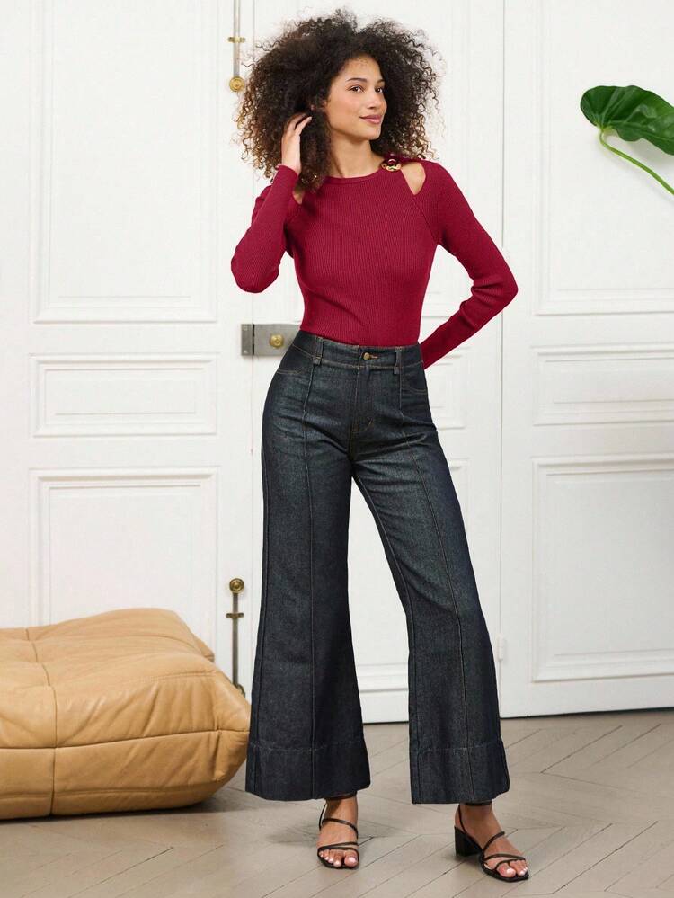 lacRébo Women's Solid Color Cutout Shoulder Metal Decor Fashionable Long Sleeve Sweater Business Casual Outfits Office Outfits Autumn Winter Christmas Outfits - Burgundy - View 5