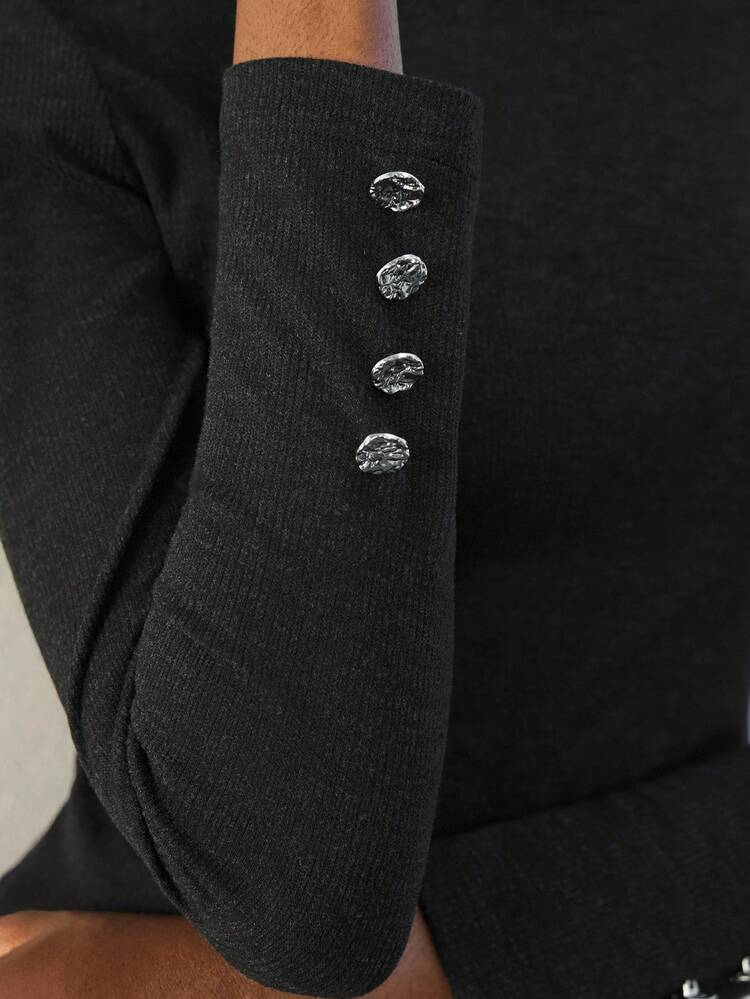 SHEIN Maija Black Wheat Texture Knit Long Sleeve Turtleneck Metal Button Decor Loose Urban Casual Blouse For Women White Mini Skirt White Skirt Asymmetrical Skirt Y2k Skirt White Faux Leather Skirt,Fall Women Clothes,Halloween,Fall Clothes For Women