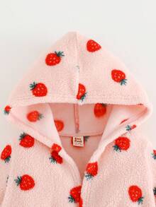 Cozy Pixies كارديجان مبطن بأكمام طويلة مع كابوشون بنمط الفراولة للبنات الصغار، للخريف والشتاء