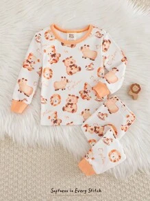 Cozy Pixies Bộ đồ ngủ 2 món in hình động vật hoạt hình cho bé trai, áo len dài tay cổ tròn mềm mại và quần dài lưng thun co giãn - Nhiều màu - Xem 3