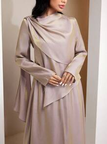 Veilorie 2pcs Women Asymmetric Layered Metal Buckle Glossy Top And Skirt Set