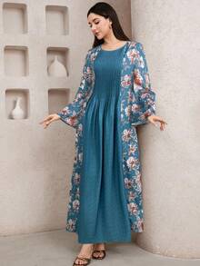 Al Najma Women's Floral Print Patchwork Pleated Dress - Green - View 3