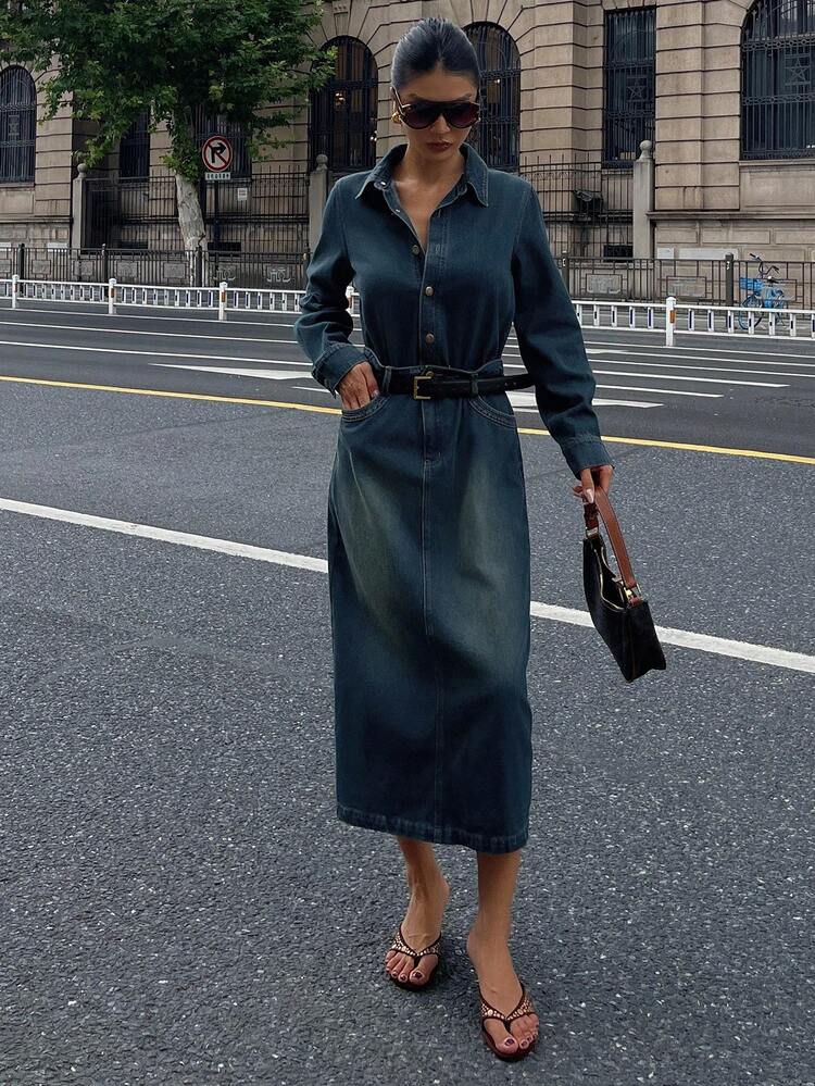 Vintage Long Sleeve Denim Dress, Waist Cinched Slim Fit Bodycon Dress For Women Maxi Dress