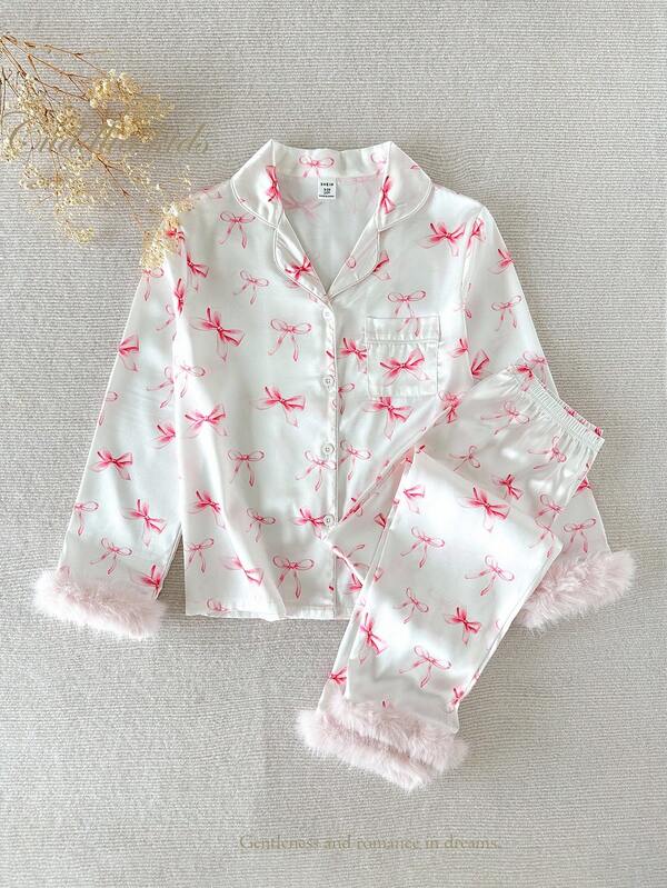 女童粉色蝴蝶结印花前开领袖口和下摆撞色长袖上衣和裤子睡衣套装