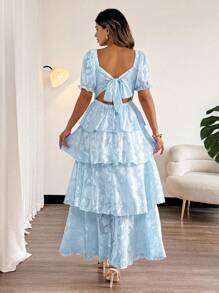 Vionelle 女士加大码优雅度假方领蝴蝶结露背多层荷叶边蝴蝶袖连衣裙 - 藍色 - 查看 2