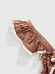 ROMWE Fairycore Váy midi họa tiết bèo nhún màu bí ngô, chất liệu vải lanh phong cách mộc mạc, phù hợp cho lễ Halloween, mùa thu - màu nâu - Xem 2