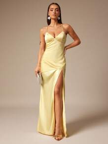 Silquee 女式纯色细肩带无袖开衩连衣裙 - 黃色 - 查看 3