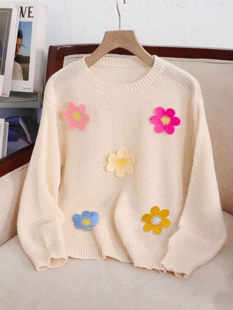 SHEIN Tween Girls Loose Casual Minimalist Comfortable Round Neck Long Sleeve Sweater With 3D Floral Decor,In Fall/Winter - Apricot - View 5