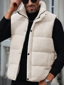 Manfinity Homme 男装街拍热卖INS搭配男士无袖背心抓绒保暖休闲绗缝外套送男友老公秋冬礼物周年纪念日礼物男士男士冬季背心羽绒背心，男士冬季背心，男士羽绒背心，男士泡泡背心，男士冬装 - 米色 - 查看 6
