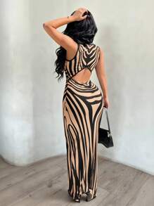 SHEIN SXY Đầm họa tiết ngựa vằn ôm sát gợi cảm thanh lịch dành cho nữ, hở lưng, thích hợp mặc khi đi chơi hàng ngày, hẹn hò, dự tiệc, sinh nhật - màu nâu - Xem 5