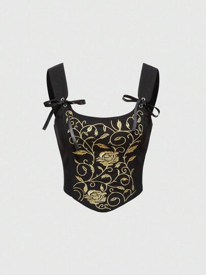 Goth Top corto tipo bustier con bordado de rosa y enredadera de estilo gótico vintage para mujer