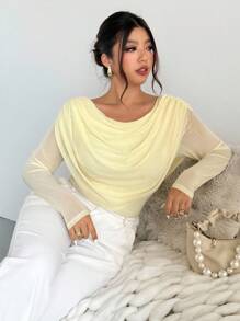 Firerie 大码女式优雅垂坠领长袖透明网眼修身性感衬衫/大码网眼 T 恤，适合情人节、音乐会、表演、约会、正式晚宴、庆典、婚礼、性感、优雅、通勤、返校、度假、海滩、浪漫、办公室女神、美人鱼风格、生日派对 - 黃色 - 查看 4