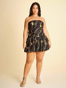CAJUNI Ensemble Top bandeau froncé imprimé citron et chaîne dorée et mini-jupe à bulles assorti, pour femmes grande taille, décontracté pour les vacances - Multicolore - Voir 1