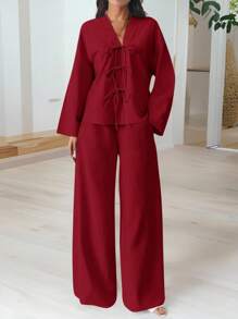 Firerie Women's Casual Elegant Vacation Fashion Front Tie Loose Shirt And High Waist Elastic Loose Pants 2 Pieces Set