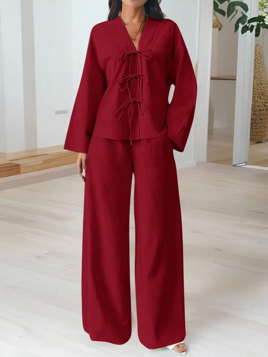Firerie Women's Casual Elegant Vacation Fashion Front Tie Loose Shirt And High Waist Elastic Loose Pants 2 Pieces Set