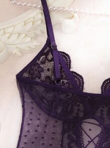 1pc Women's Lace & Mesh Splicing Sexy Lace Bodysuit, Lingerie Intimate Lingerie Erotic Bodysuit, Going Out - Purple - View 7
