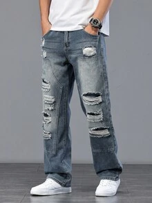 Manfinity Homme Jeans casuales de mezclilla rasgados de talla grande para hombres, jeans holgados rasgados, jeans desgastados, estilo emo - Azul - Ver 7