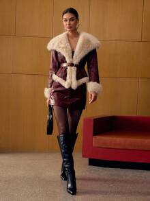 MOTF PREMIUM WATERFALL COLLAR FAUX FUR COAT - Burgundy - View 7