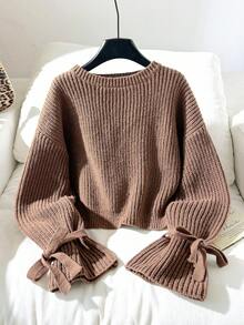 SHEIN 少女秋冬棕色咖啡色针织罗纹袖口蝴蝶结宽松套头毛衣，适合秋冬休闲日常穿着，可与妈妈搭配，时尚秋季，母女棕色针织毛衣，袖口系带 - 鏽棕色 - 查看 3