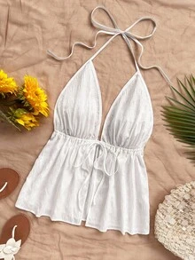 Soleia Casual V-Neck Tie Backless Textured Fabric Red Tank Top