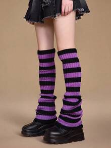 ROMWE Grunge Punk 1 双女式纯色针织超长腿套，深紫色和黑色条纹，适合所有季节 - 彩色 - 查看 2