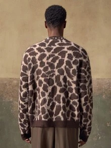 AKNOTIC Men's Casual Fashion Leopard Print Loose Button Cardigan Sweater,Contrast Jacquard,Machine Washable,Autumn,Beige,Elegant,Party,Autumn/Winter - Coffee Brown - View 7