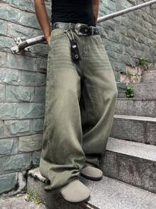 Manfinity EMRG 男士休闲宽松口袋牛仔裤 - 綠色 - 查看 6