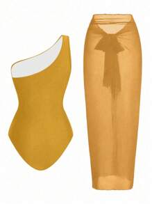 Traje de baño de una pieza con panel de malla fruncida de unicolor y falda pareo - Amarillo - Ver 2