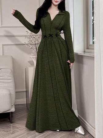 Feyla Women's Solid Color Minimalist Long Sleeve Arabic Style Dress, Everyday Wear