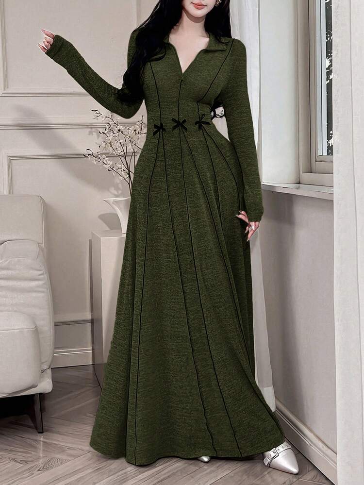 Feyla Women's Solid Color Minimalist Long Sleeve Arabic Style Dress, Everyday Wear - Army Green - View 1
