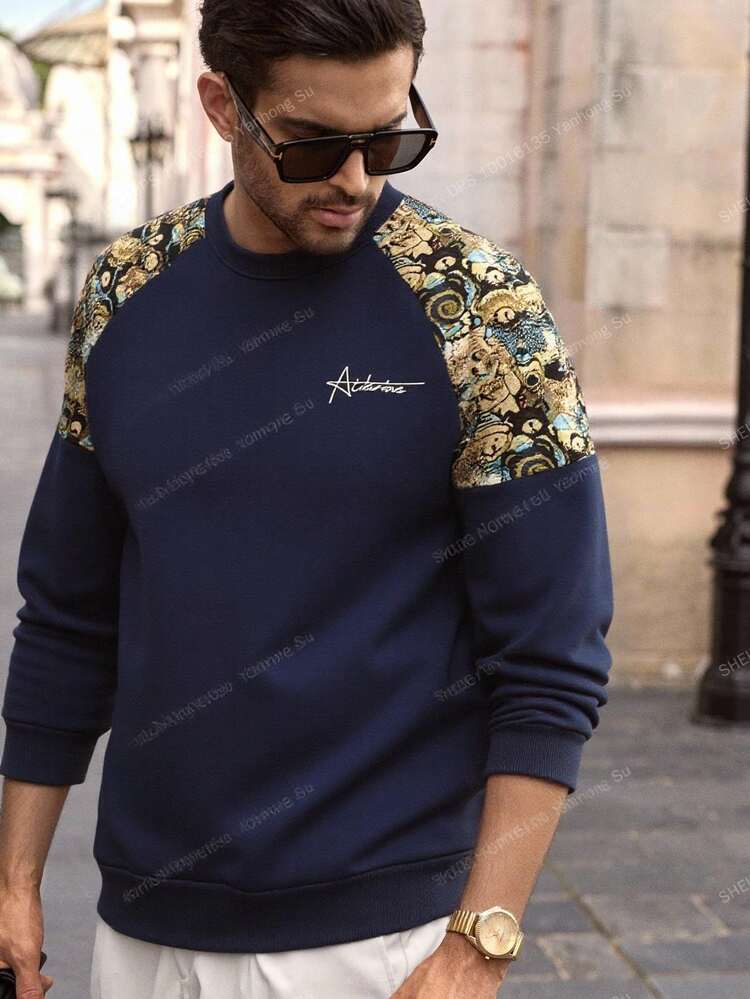 Manfinity NXTstreet 2pcs Men's Casual Crew Neck Sweatshirts Soft Comfortable Stylish, For Fall Winter - Navy Blue - View 3