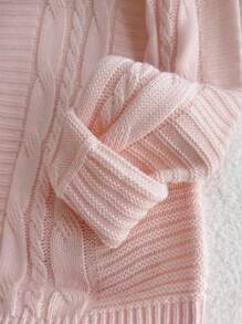 SHEIN TEENGIRL Loose Fit Crew Neck Long Sleeve Cable Knit Sweater, Casual College Style Pink Sweater For Girls Pink Sweater Tween Sweater For Tweens Teen Sweater Girls Pink Cable Knit Sweater Cropped Sweater Light Pink Sweater Aesthetic Sweater,In Fall/Winter
