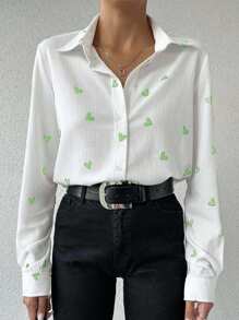 EURMUSE Chemise décontractée ample à manches longues et à simple boutonnage avec imprimé cœur pour femmes - Vert olive - Voir 4