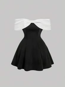 SHEIN MOD Plus Size Retro Elegant Black And White Contrast Color Knitted Mini Dress, Front Button Apricot Bow Patchwork, Stretchy Off-Shoulder Summer Party - Black and White - View 2