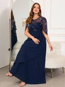 Ellevyn 大码女式优雅亮片刺绣连衣裙，适合派对和聚会，秋季万圣节万圣节服装万圣节服装女装万圣节服装女装万圣节大码万圣节服装万圣节万圣节派对服装大码女装外出服装秋季服装女式长裙女式连衣裙，婚礼宾客礼服女式 - 藏蓝色 - 查看 3