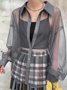 FRIFUL 女式纯灰色透明网眼衬衫领宽松休闲百搭分层上衣，秋季 - 灰色 - 查看 4