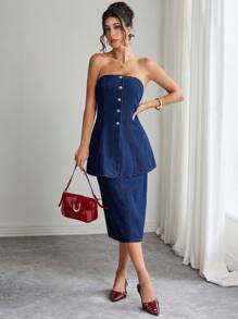Selianne Women's Front Button Bandeau Top And Denim Skirt 2-Piece Set - Blue - View 6