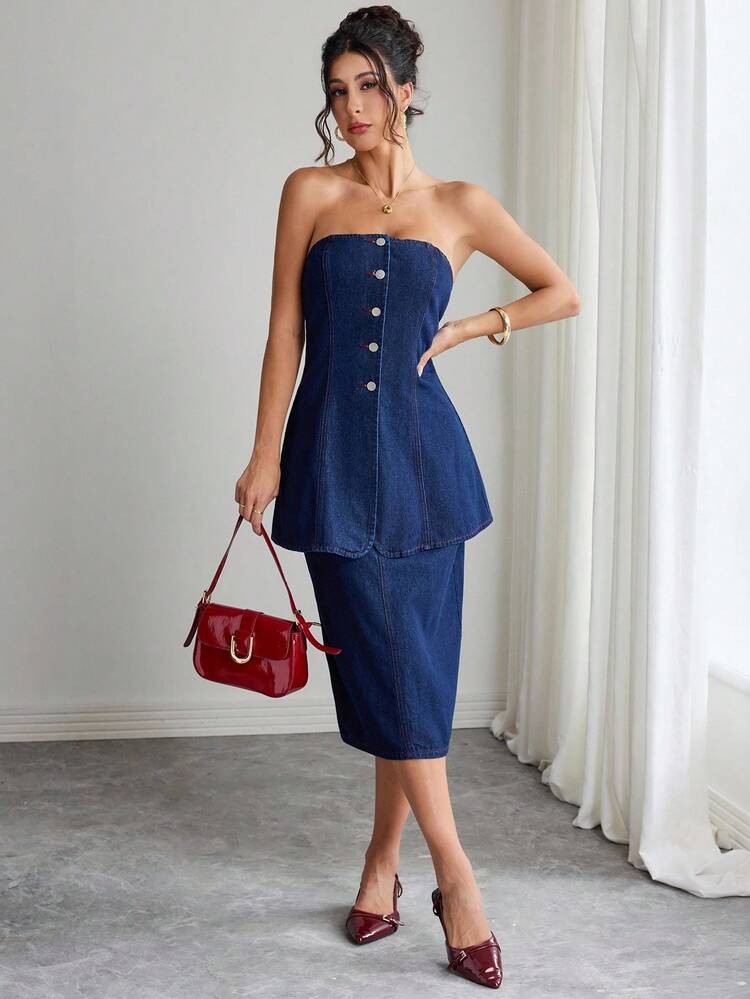 SHEIN Clasi 女式前扣抹胸上衣和牛仔裙两件套 - 藍色 - 查看 6