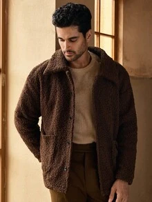 HIMLAND 男士休闲蓬松翻领宽松落肩长袖抓绒外套，棕色泰迪熊外套，男士羊羔绒外套，秋季时尚大地色系，冬季