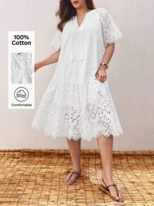 Maija 大码女式白色刺绣 V 领吊带短袖荷叶边刺绣下摆拼接蛋糕大摆连衣裙优雅时尚 - 白色 - 查看 1