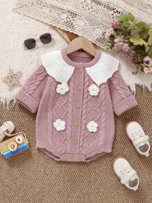 SHEIN Vintaside Kids 1pc Fashionable Peter Pan Collar Baby Knitted Bodysuit, With 3D Floral Decoration, Long Sleeve One-Piece Triangle Bodysuit, Sweet Princess Style For Baby Girl Knit Sweater Baby Girl Cardigan Sweater Baby Girl Knitted Outfits Baby Girl Sweater Bodysuit Baby Girl Cable Knit Sweater Fall Baby Girl Clothes Winter Outfit For Baby Girl Autumn Clothes Autumn Clothes  Winter Clothes Baby Autumn Sweater Clothes - Baby Pink - View 4