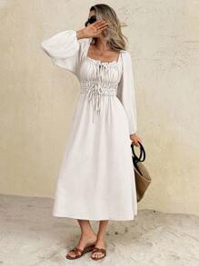 SHEIN Frenchy 女士休闲纯色灯笼袖中长连衣裙 - 杏色 - 查看 6