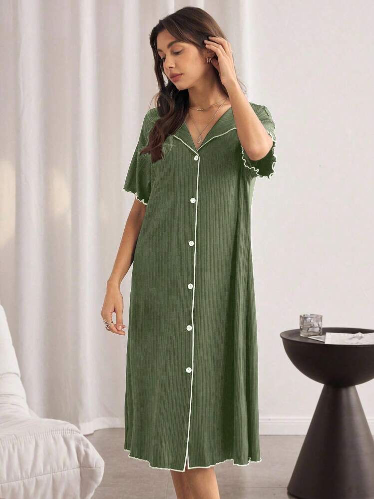 SHEIN 撞色饰边黑色提花披肩领短袖长袍 - 綠色 - 查看 5