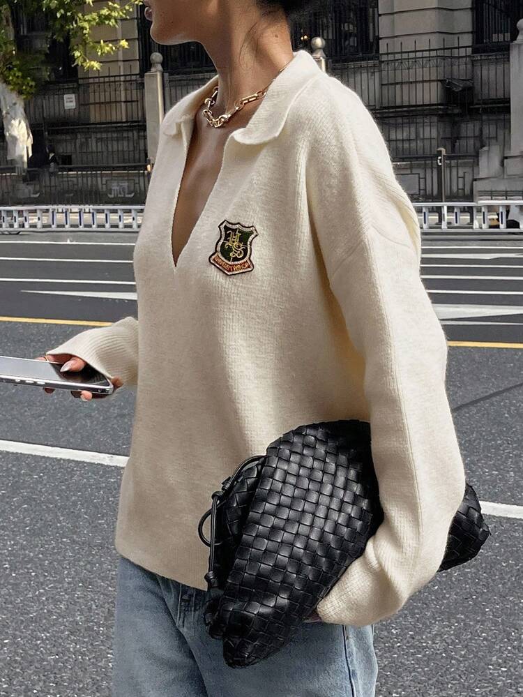 Collegiate Style V-Neck Turndown Collar Long Sleeve Knit Sweater For Women, Casual Fall